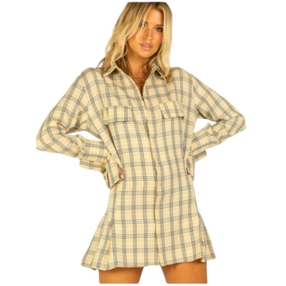 Urban Revivo Dress NEW WITH TAGS Light Yellow Plaid Shirt Dress Size S - Picture 1 of 8